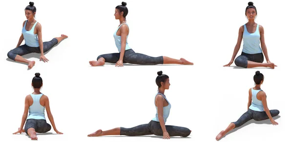 Virtual Woman in Yoga Half Pigeon Pose με 6 γωνίες προβολής — Φωτογραφία Αρχείου