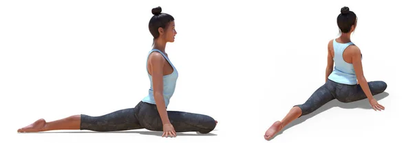 Atrás tres cuartas partes y perfil derecho Poses of a Virtual Woman in yoga half pigeon pose — Foto de Stock