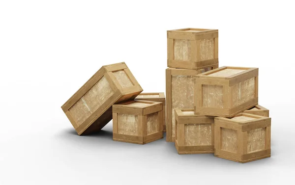 Немногие закрытые ящики для перевозки древесины разного размера помещаются в беспорядок — стоковое фото