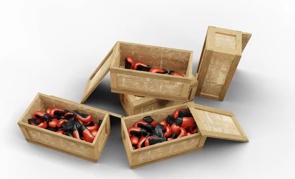Caixa de transporte de madeira cinco onde três aberto e cheio de luvas de boxe — Fotografia de Stock