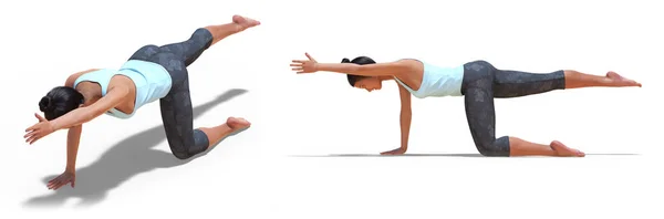 Передние три четверти и левый профиль Позиции женщины в позе йоги Sunbird — стоковое фото