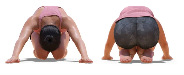 Передняя и задняя части изображения виртуальной женщины в позе ребенка йоги — стоковое фото