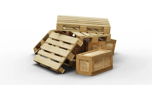 Sommige houten pallets en transportdozen opgestapeld in wanorde — Stockfoto