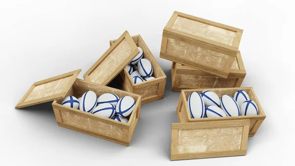 Vista de cinco caixa de transporte de madeira onde três aberto e cheio de bolas de rugby — Fotografia de Stock