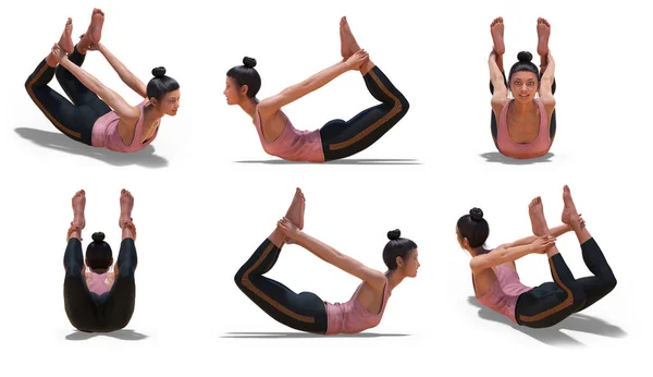 Virtuelle Frau in Yoga-Bogenpose mit 6 Blickwinkeln — Stockfoto
