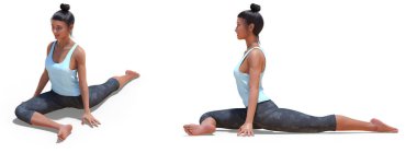 Ön üç çeyreklik ve sol profil pozları. Yarı güvercin yoga pozu veren sanal kadın pozları.