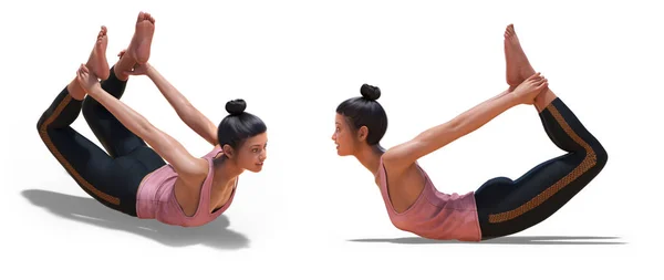 Depan tiga perempat dan Profil Kiri Poses of a Virtual Woman in yoga bow pose — Stok Foto