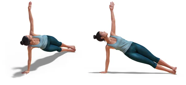 Poses frontales de tres cuartos y perfil izquierdo de una mujer virtual en postura de tabla lateral de yoga —  Fotos de Stock