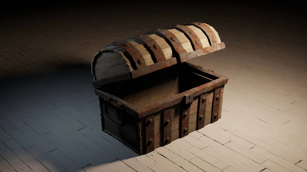 Een oud hout met roestig metaal leeg Borst bijna open gezet op een witte houten vloer — Stockfoto