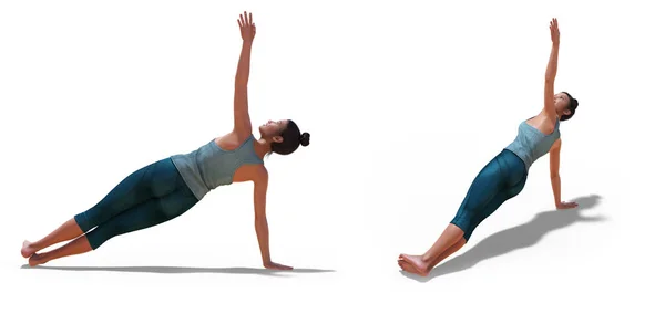 Back three-quarters and Right Profile Poses of a virtual Woman in Yoga Side plank pose — Stock Photo, Image