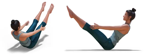 Front tre fjärdedelar och vänster profil Innehav av en virtuell kvinna i Yoga Boat pose — Stockfoto