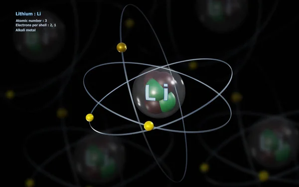 Atom of Lithium with detailed Core and its 3 Electrons with Atoms — Stock Photo, Image