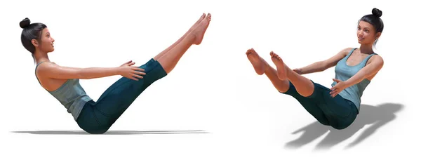 Bakåt tre fjärdedelar och höger profil Innehav av en virtuell kvinna i yogabåten pose — Stockfoto