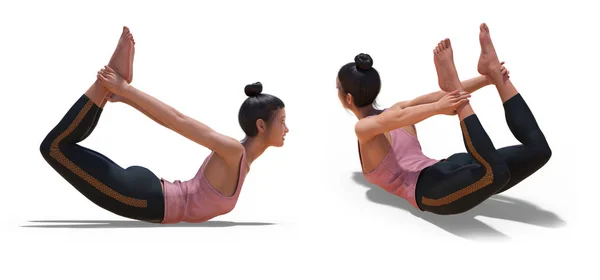 Kembali tiga perempat dan Right Profile Poses of a virtual Woman in yoga bow pose — Stok Foto