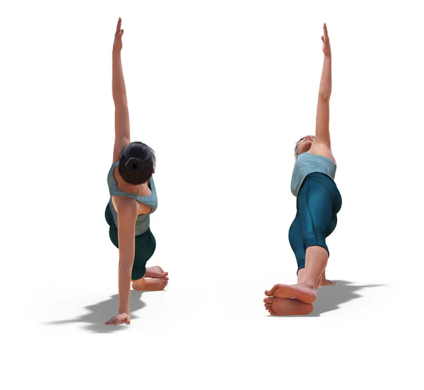 Передняя и задняя фотографии виртуальной женщины в позе боковой панели для йоги — стоковое фото