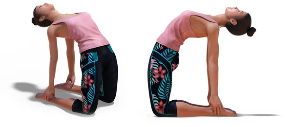 Poses frontales de tres cuartos y perfil izquierdo de una mujer virtual en postura de camello de yoga — Foto de Stock