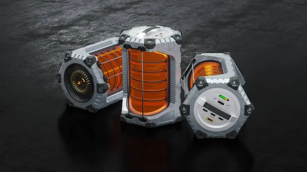 Vue de face de 3 batteries hexagonales SciFi avec cylindre translucide orange — Photo