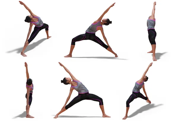 Virtuelle Frau in Yoga-Reverse-Krieger-Pose mit 6 Blickwinkeln — Stockfoto