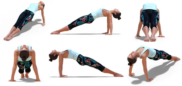 Virtuelle Frau in Yoga-Plankenpose mit 6 Blickwinkeln — Stockfoto