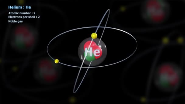 Atome de l'hélium avec 2 électrons en rotation orbitale infinie avec atomes en arrière-plan 
