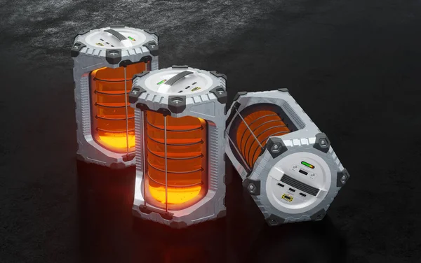 2 scifi sechseckige Batterien gerade auf Basis und 1 auf der Seite mit leuchtendem Orange — Stockfoto