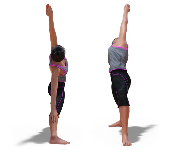 Poses frontales y traseros de una mujer virtual en pose de guerrera inversa de yoga — Foto de Stock