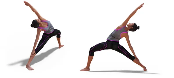Främre och vänstra profilen Innehav av en virtuell kvinna i Yoga Reverse warrior pose — Stockfoto