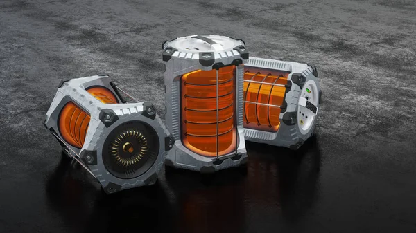 Trois batteries hexagonales SciFi avec tube translucide orange — Photo