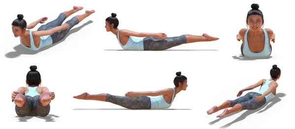 Perempuan Virtual dalam Pose Locust Yoga dengan 6 sudut pandang — Stok Foto
