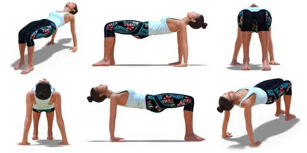 Donna virtuale nella tabella Yoga Posa con 6 angoli di vista — Foto Stock