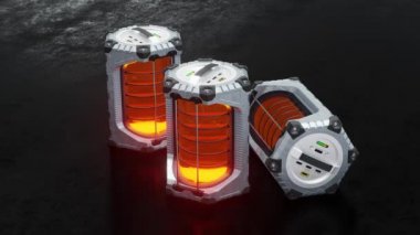 Pürüzsüz turuncu silindirli 3 Scifi Altıgen Bataryası etrafında yavaş hareket