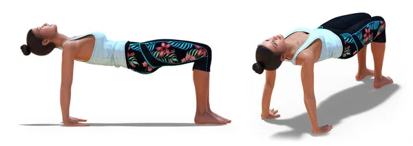 Posizioni di profilo posteriore e destro di una donna virtuale nella tabella di yoga Posa — Foto Stock