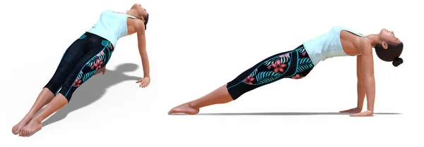 Front and Left Profile Poses of a Virtual Woman in Yoga Upward Plank pose — Stockfoto