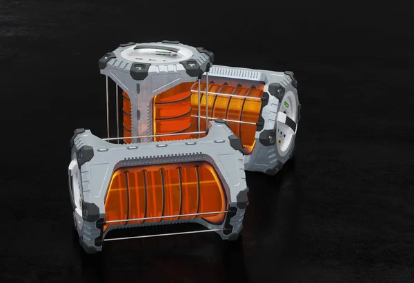 Side view of 3 SciFi Hexagonal Power Tank with an orange translucent cylinder 로열티 프리 스톡 이미지