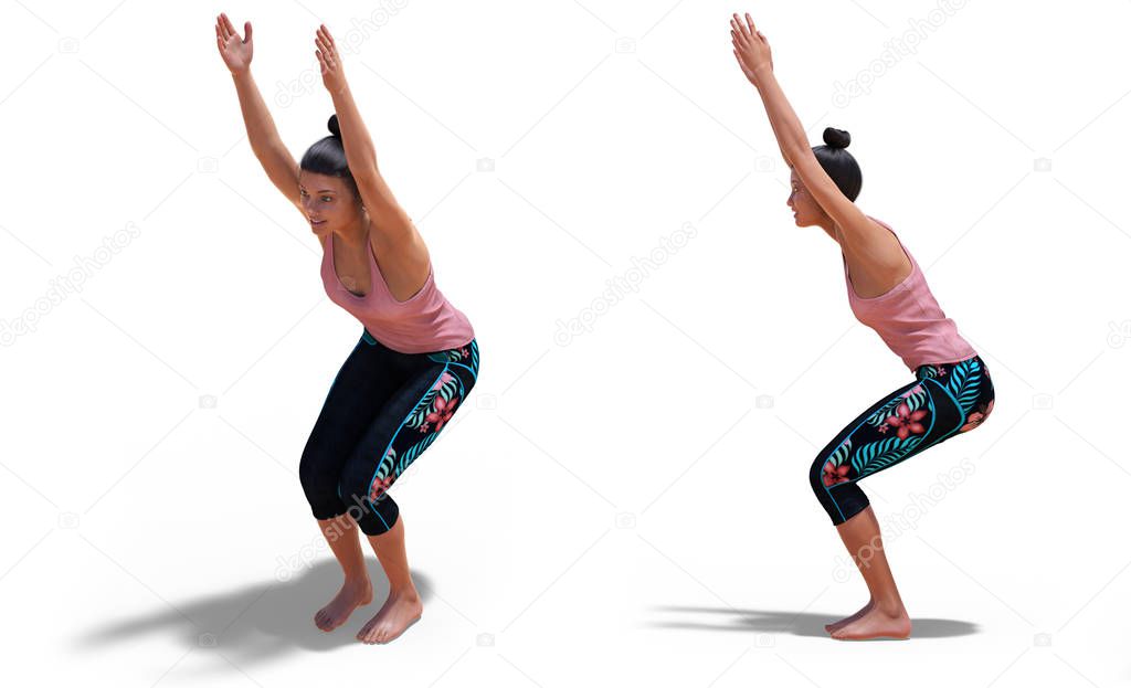 Front and Left Profile Poses of a Virtual Woman in Yoga Chair Pose