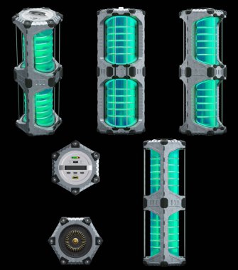 Siyah arkaplan ve 6 açılı yeşil yarı saydam silindirli bir SciFi Altıgen Güç Tankı