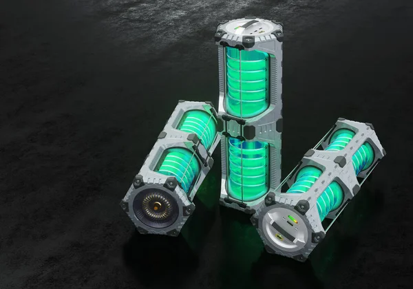 Widok Scifi Sześciokątny Duży Zbiornik Energii Tym Zielony Przezroczysty Cylinder — Zdjęcie stockowe