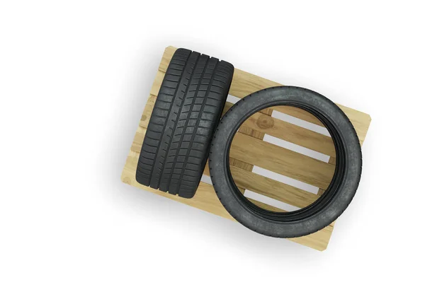 Top View Large Sport Tires Straight Loaded Wood Pallet White — Stock Photo, Image