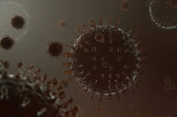 Large virus floating into a fluid with lots of other blurred virus