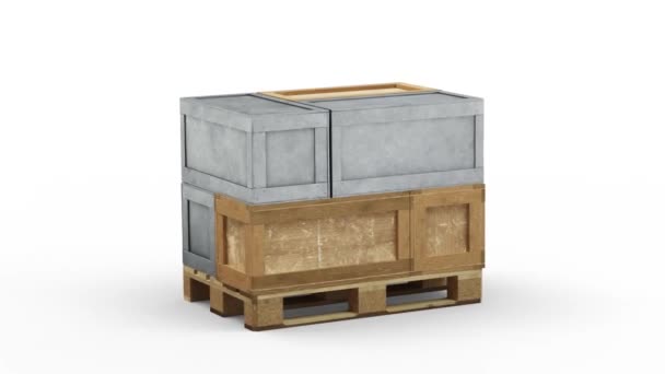 Schleife Eine Palette Die Mit Transportboxen Aus Metall Und Holz — Stockvideo
