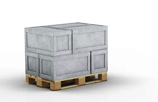 Cajas Transporte Metal Apiladas Palet Madera Con Fondo Blanco — Foto de Stock