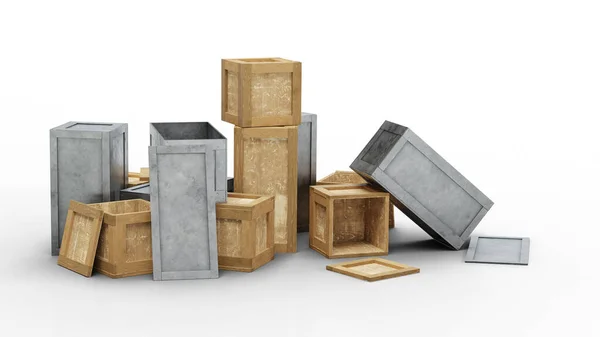Several Opened Closed Metal Wood Transportation Boxes Put Messy Ground — Stock Photo, Image