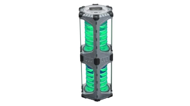 一种具有发光半透明绿色圆柱体的无限大环型六边形储能罐的特写 — 图库视频影像