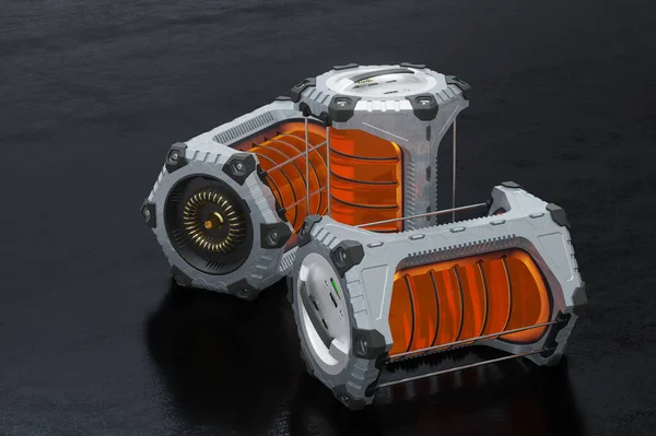 Sidovy Tre Scifi Hexagonal Batterier Med Orange Genomskinlig Cylinder Placerad — Stockfoto