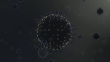 Kamera yavaş çekimde büyük bir virüse odaklanmış. Birkaç virüsün daha bulanık olduğu bir maddeye.