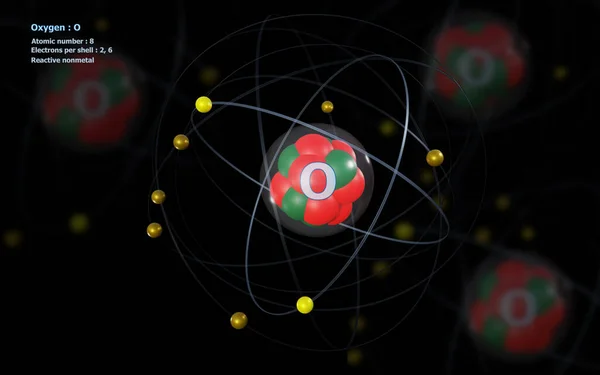 具有详细堆芯的氧原子及其8个原子背景的电子 — 图库照片