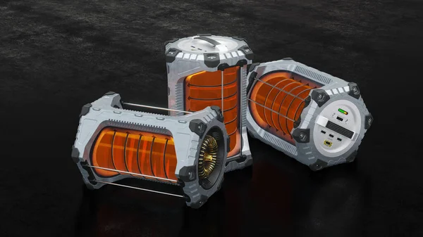 Trois Batteries Hexagonales Scifi Avec Cylindre Translucide Orange Posé Sur — Photo