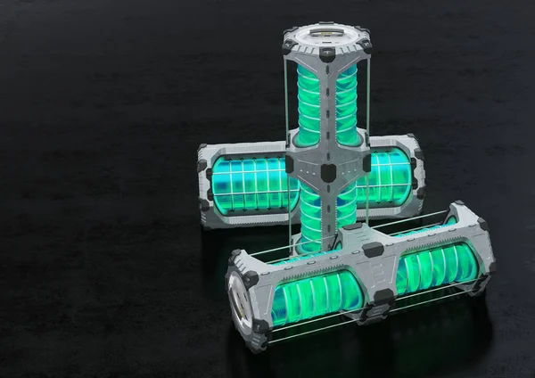 Trois Grandes Batteries Hexagonales Scifi Dont Cylindre Translucide Vert Posé — Photo