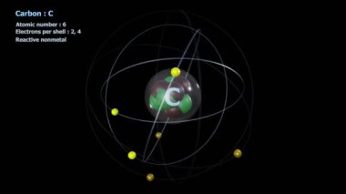 Siyah arkaplan ile sonsuz yörüngede 6 elektronu olan Karbon Atomu
