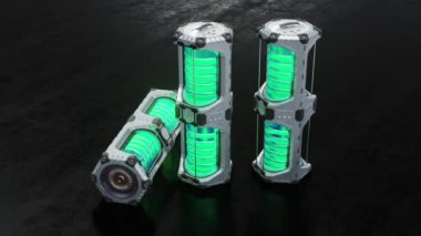 Pırıl pırıl parlayan yeşil silindirli 3 SciFi Altıgen Güç Tankı etrafında yavaş hareket